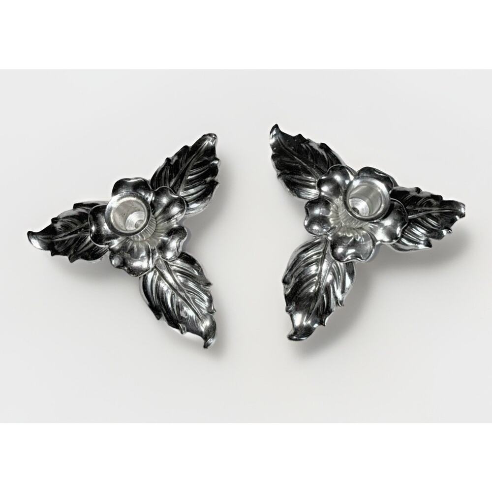 Pair Of 2 Vintage Heavy Aluminum Silver Floral Flower Candle Holders ITALY 4”